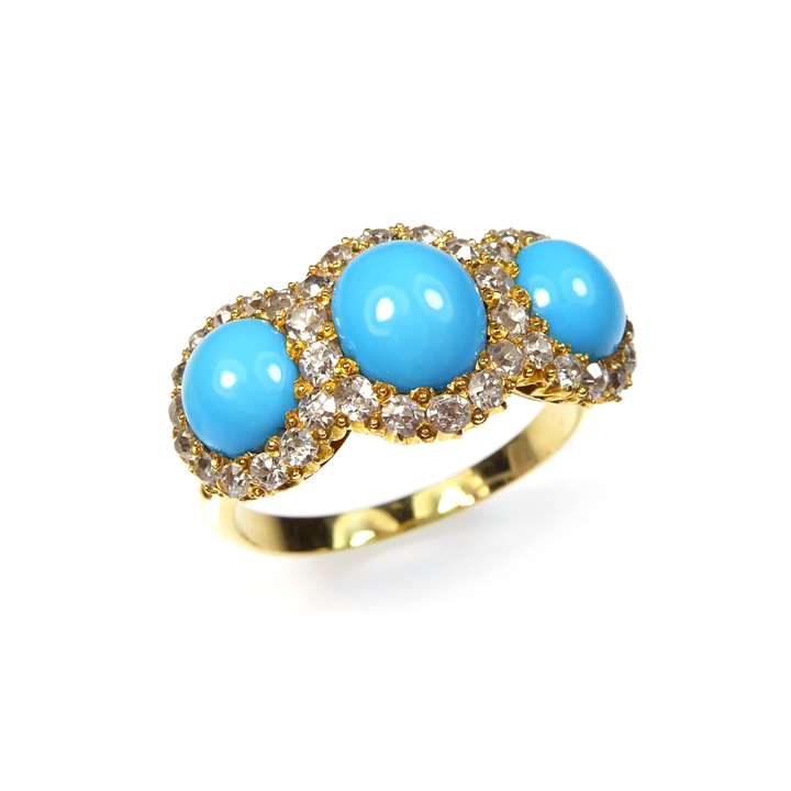 Antique three stone turquoise and diamond cluster ring